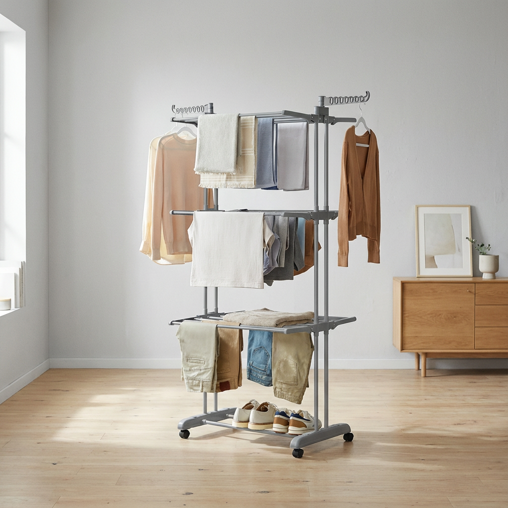 etendoir linge 3 niveaux en acier inoxydable robuste avec freins mobiles