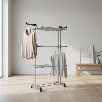 etendoir linge pliable en metal roulettes 