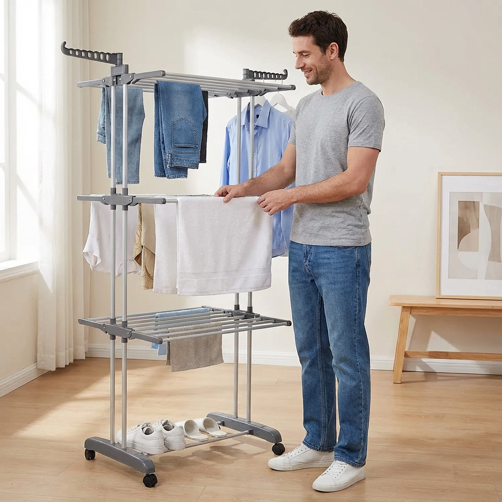 etendoir linge pliable en metal roulettes appartement