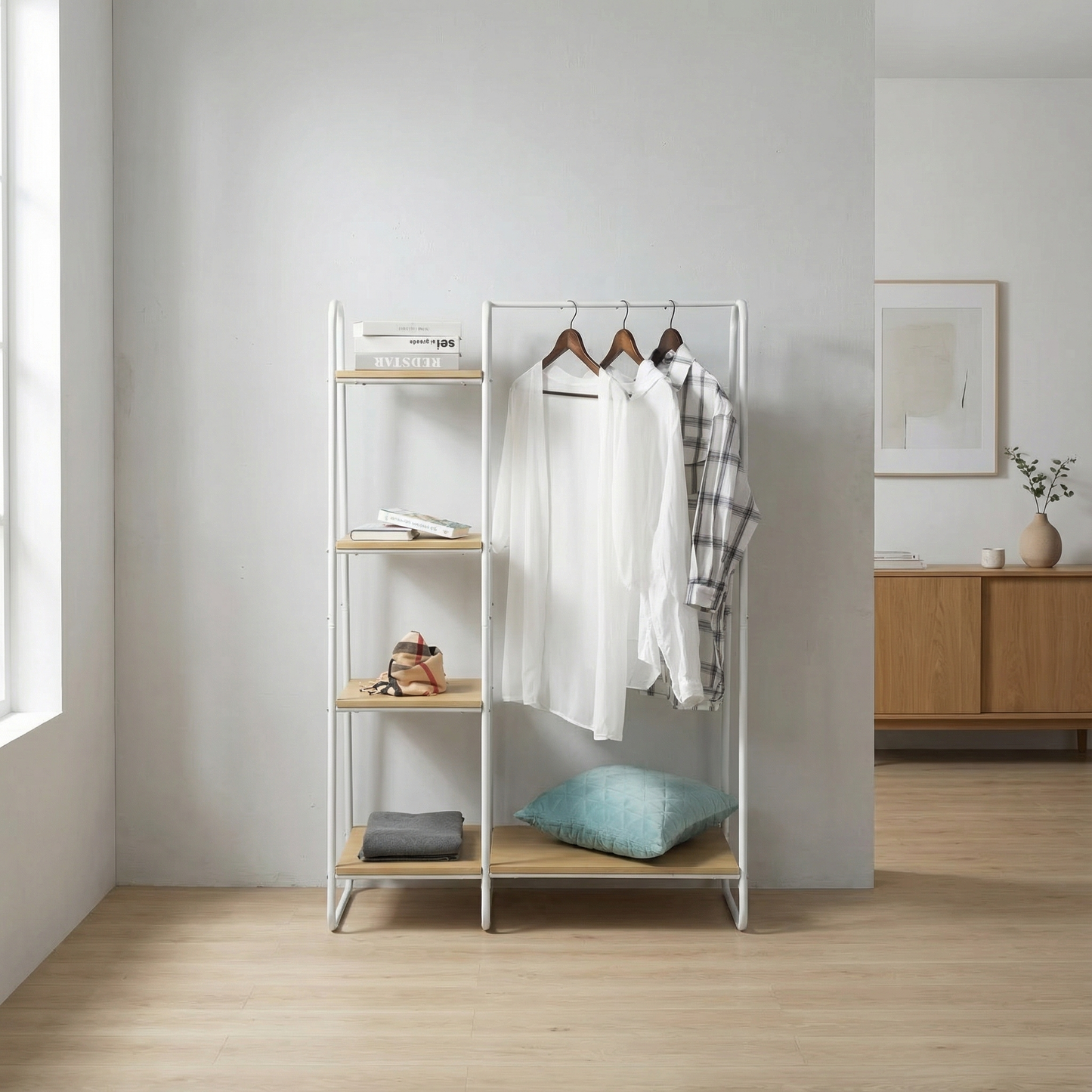 Petit portant vêtement métal avec étagères MDF blanc