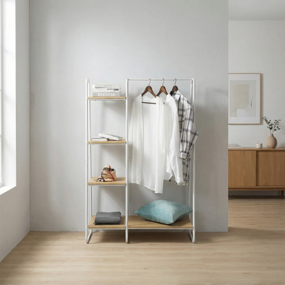 Petit portant vêtement métal avec étagères MDF blanc